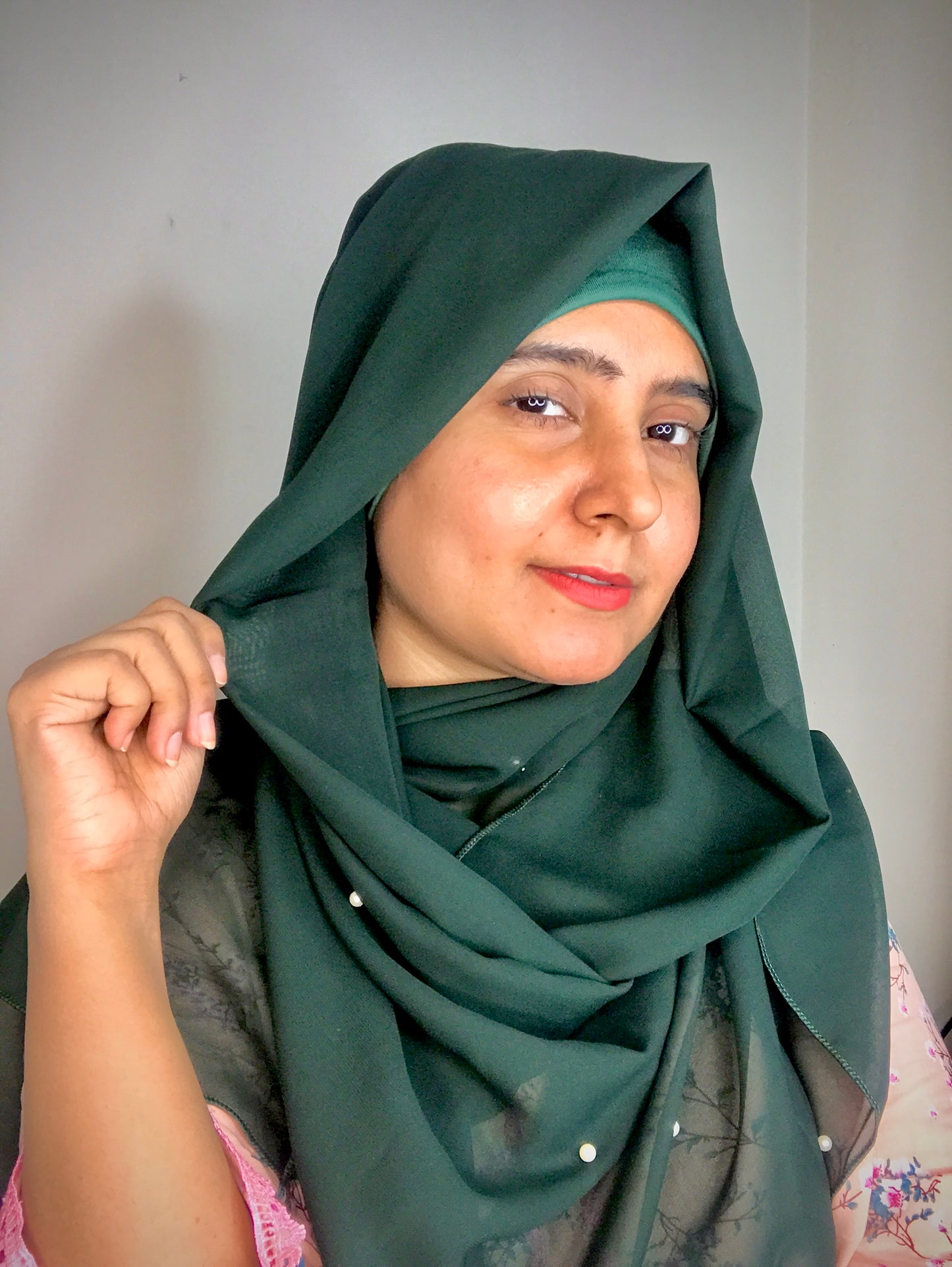 2 in 1 Chiffon Instant Hijab with Hand Work White Pearls (and attached cap)