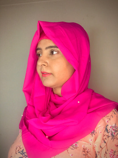 2 in 1 Chiffon Instant Hijab with Hand Work White Pearls (and attached cap)
