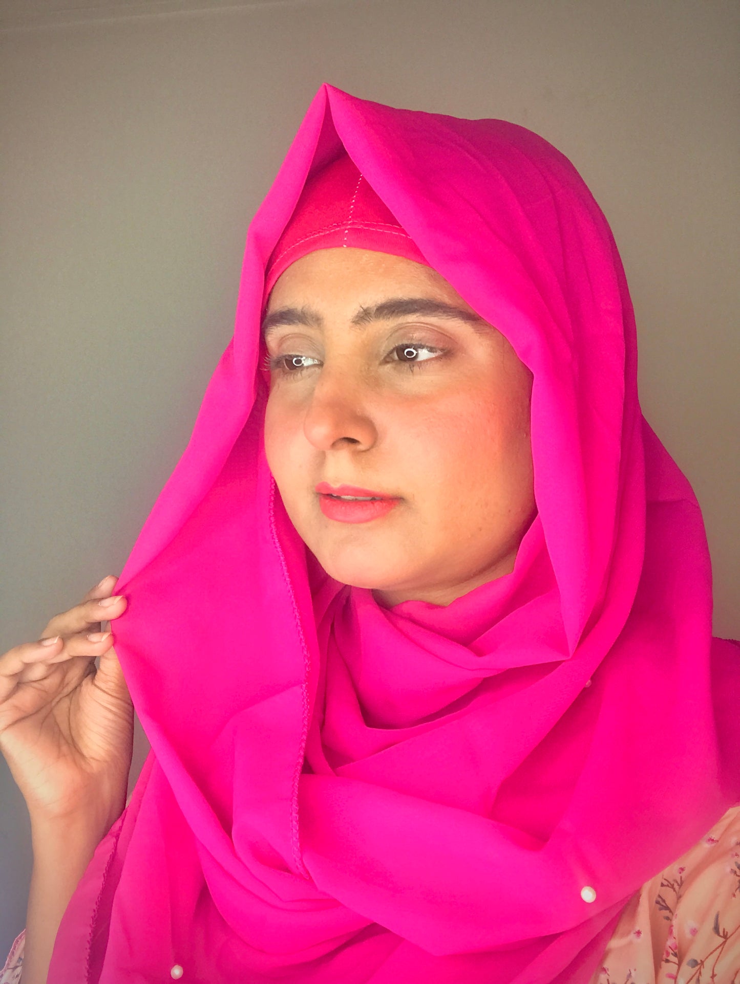 2 in 1 Chiffon Instant Hijab with Hand Work White Pearls (and attached cap)