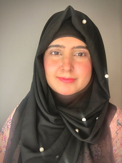 2 in 1 Chiffon Instant Hijab with Hand Work White Pearls (and attached cap)