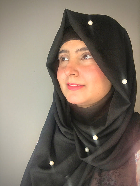 2 in 1 Chiffon Instant Hijab with Hand Work White Pearls (and attached cap)