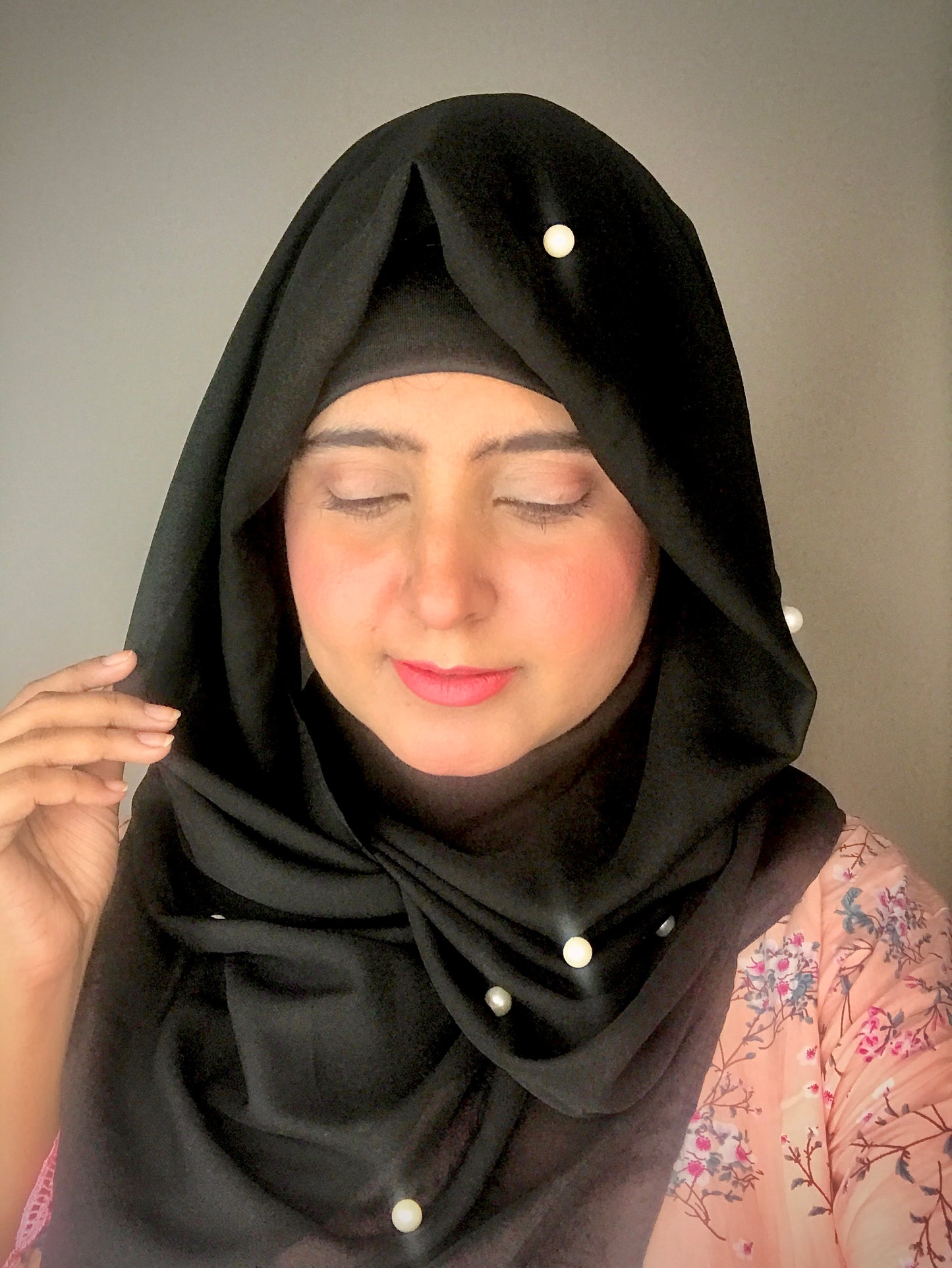 2 in 1 Chiffon Instant Hijab with Hand Work White Pearls (and attached cap)