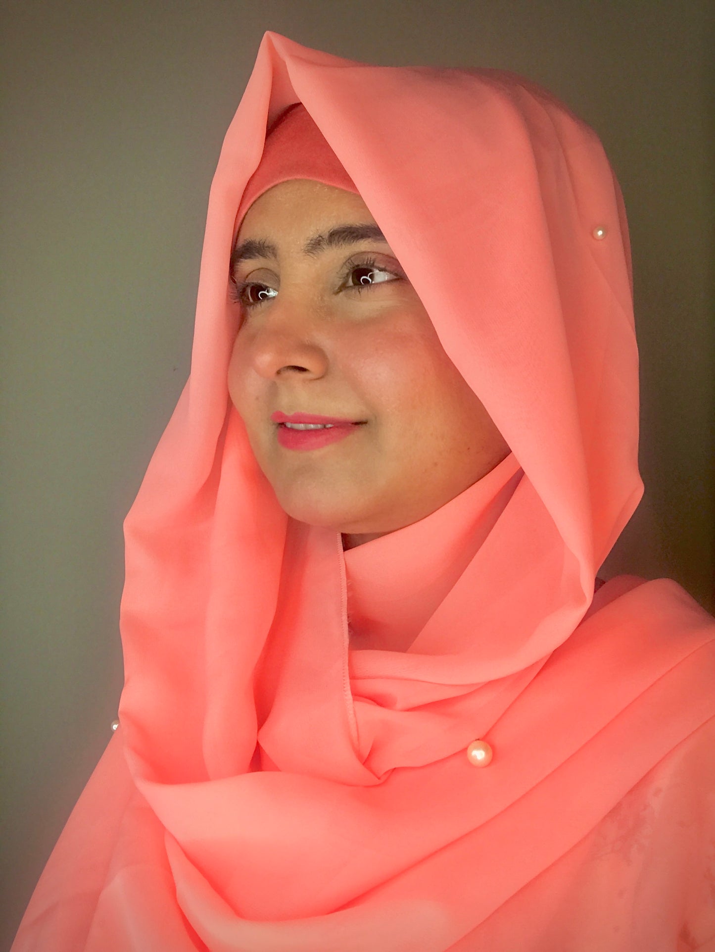 2 in 1 Chiffon Instant Hijab with Hand Work White Pearls (and attached cap)