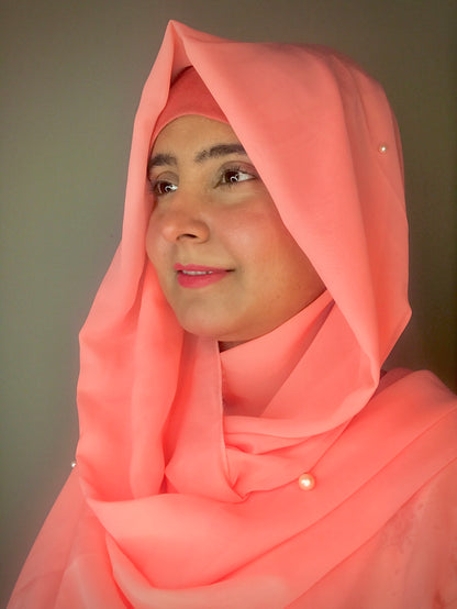 2 in 1 Chiffon Instant Hijab with Hand Work White Pearls (and attached cap)
