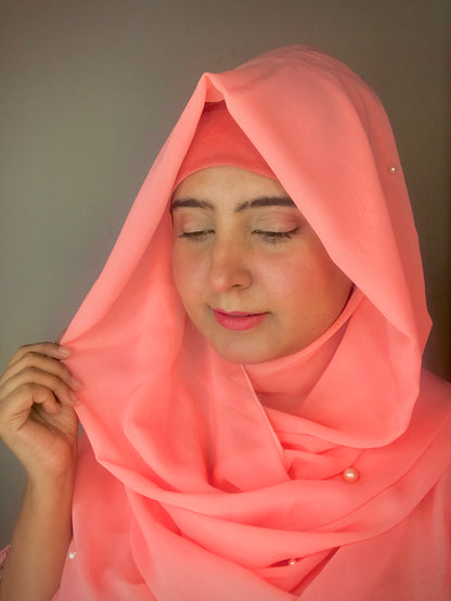 2 in 1 Chiffon Instant Hijab with Hand Work White Pearls (and attached cap)