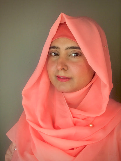 2 in 1 Chiffon Instant Hijab with Hand Work White Pearls (and attached cap)