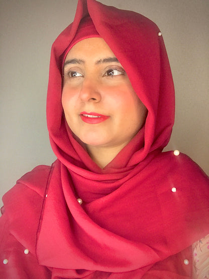 2 in 1 Chiffon Instant Hijab with Hand Work White Pearls (and attached cap)