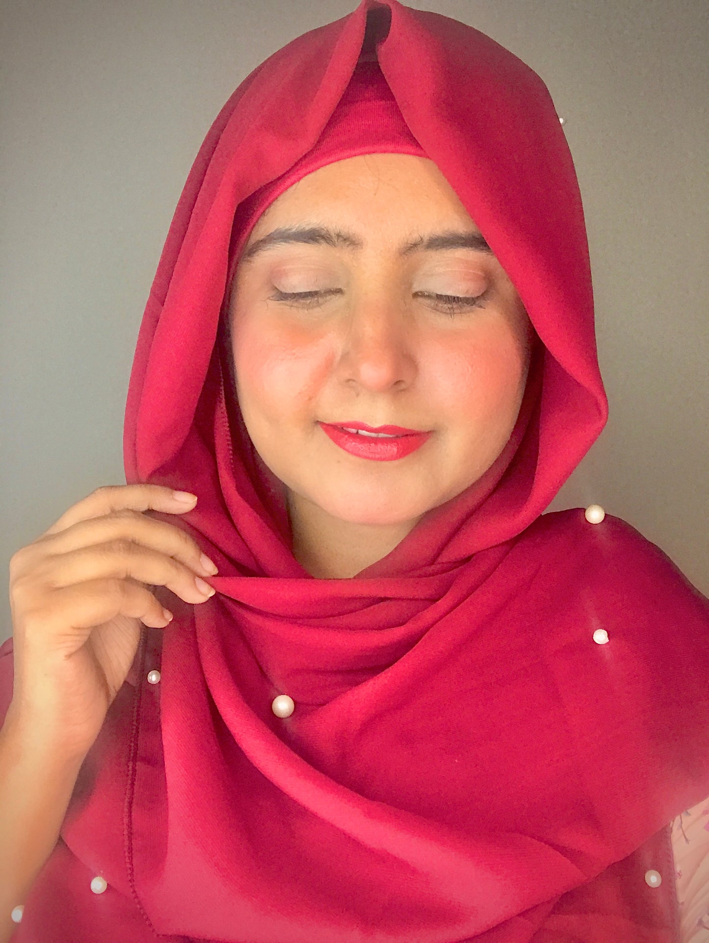 2 in 1 Chiffon Instant Hijab with Hand Work White Pearls (and attached cap)