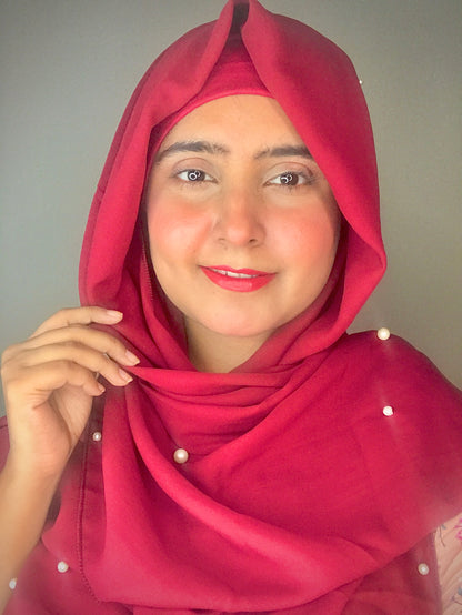 2 in 1 Chiffon Instant Hijab with Hand Work White Pearls (and attached cap)