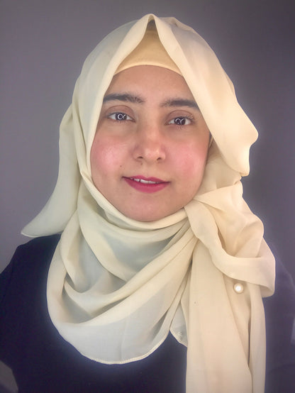 2 in 1 Chiffon Instant Hijab with Hand Work White Pearls (and attached cap)