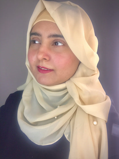 2 in 1 Chiffon Instant Hijab with Hand Work White Pearls (and attached cap)