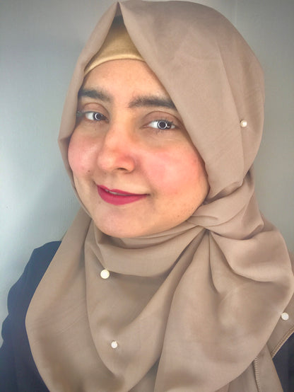 2 in 1 Chiffon Instant Hijab with Hand Work White Pearls (and attached cap)