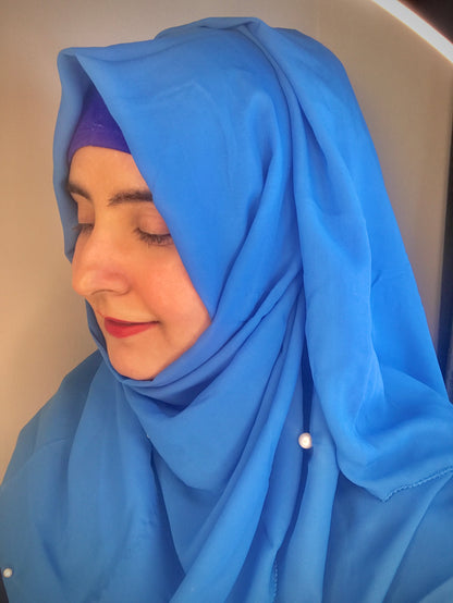 2 in 1 Chiffon Instant Hijab with Hand Work White Pearls (and attached cap)