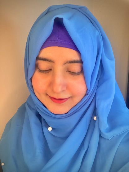 2 in 1 Chiffon Instant Hijab with Hand Work White Pearls (and attached cap)