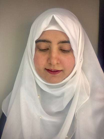 2 in 1 Chiffon Instant Hijab with Hand Work White Pearls (and attached cap)