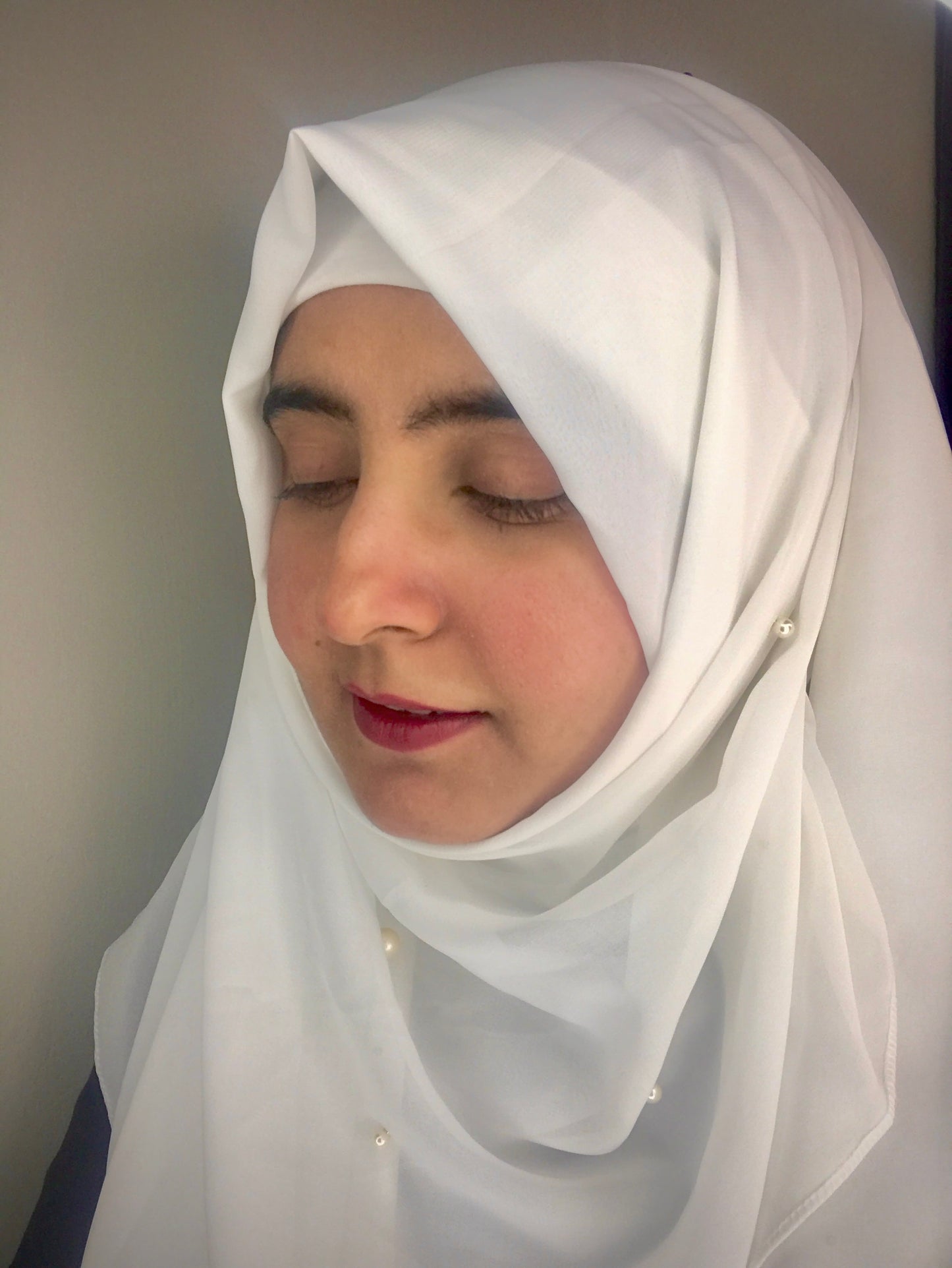 2 in 1 Chiffon Instant Hijab with Hand Work White Pearls (and attached cap)