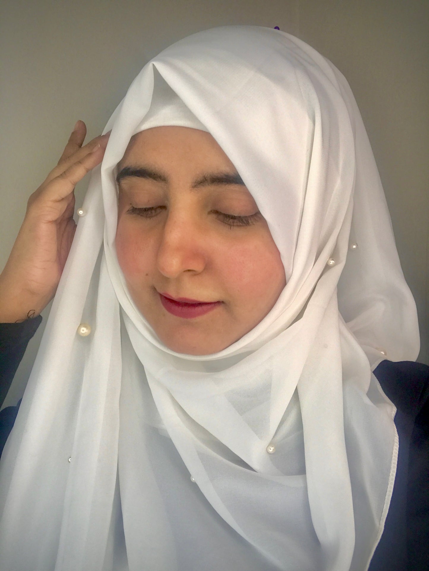 2 in 1 Chiffon Instant Hijab with Hand Work White Pearls (and attached cap)