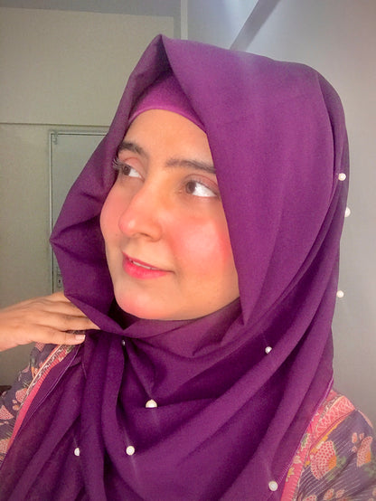 2 in 1 Chiffon Instant Hijab with Hand Work White Pearls (and attached cap)