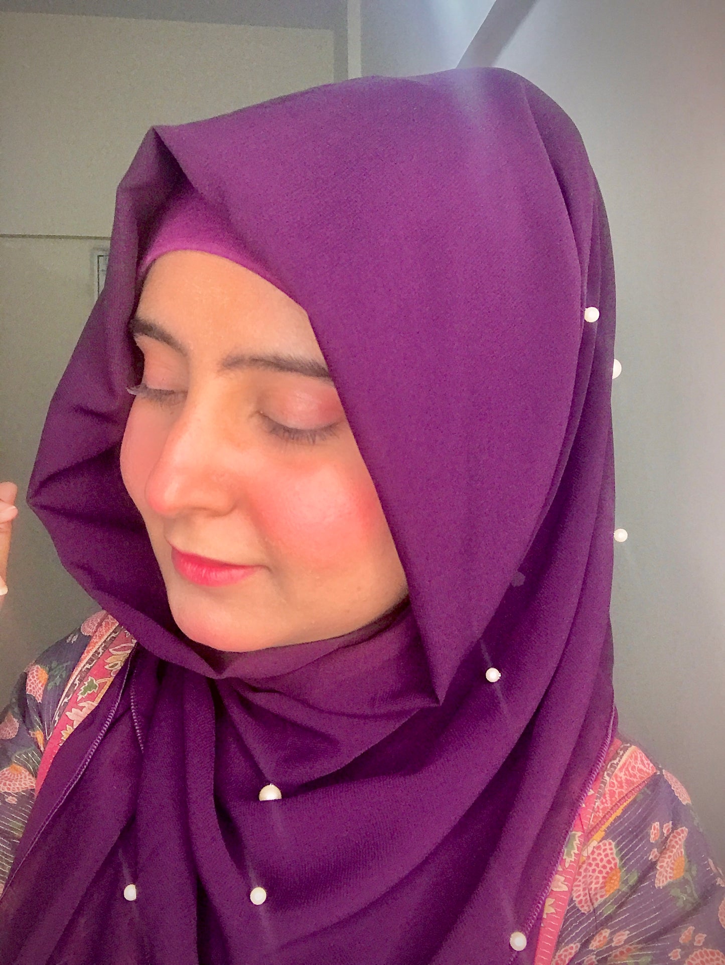 2 in 1 Chiffon Instant Hijab with Hand Work White Pearls (and attached cap)